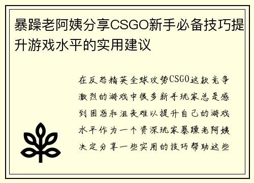 暴躁老阿姨分享CSGO新手必备技巧提升游戏水平的实用建议